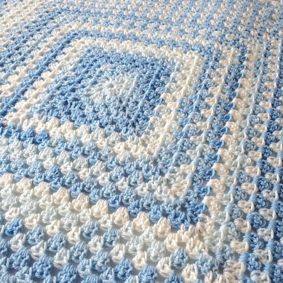 Crochet BABY BLANKET AFGHAN Granny Square 29"x 29" Blue White Girl Boy Girl - Picture 6 of 13